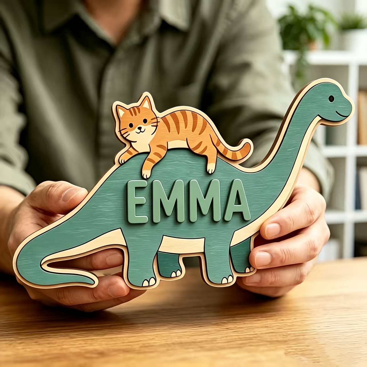 Baby Nursery Toy - Personalized Cat Riding Dinosaur Name Room