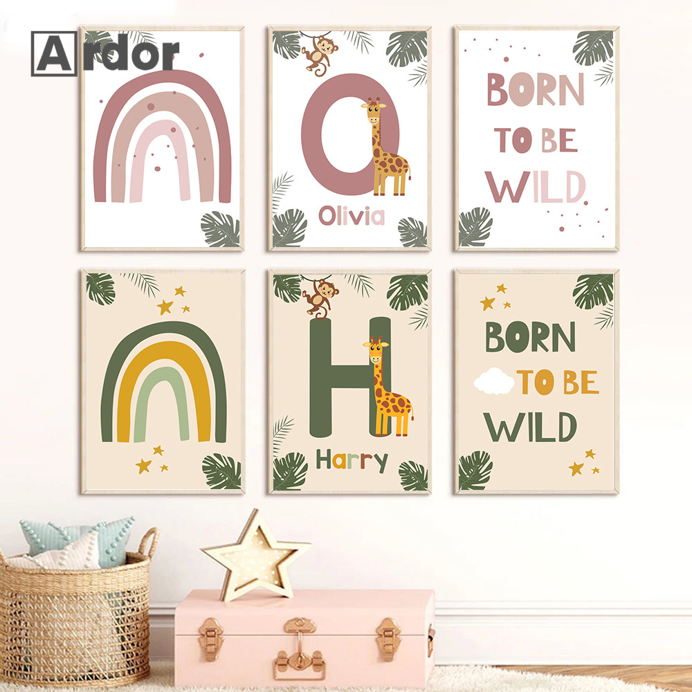 Baby Name Wall Art - Nordic Jungle Animal Posters Custom Name