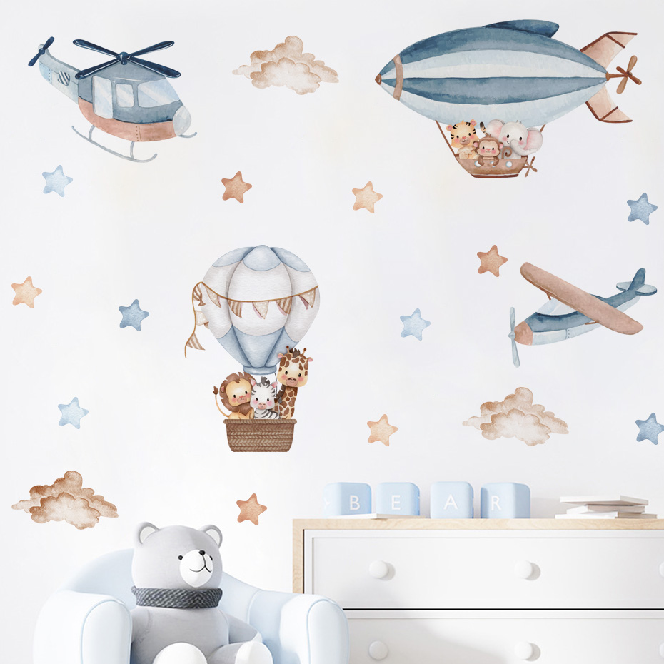 Baby Nursery Labels - Watercolor Animals Hot Air Balloon Clouds