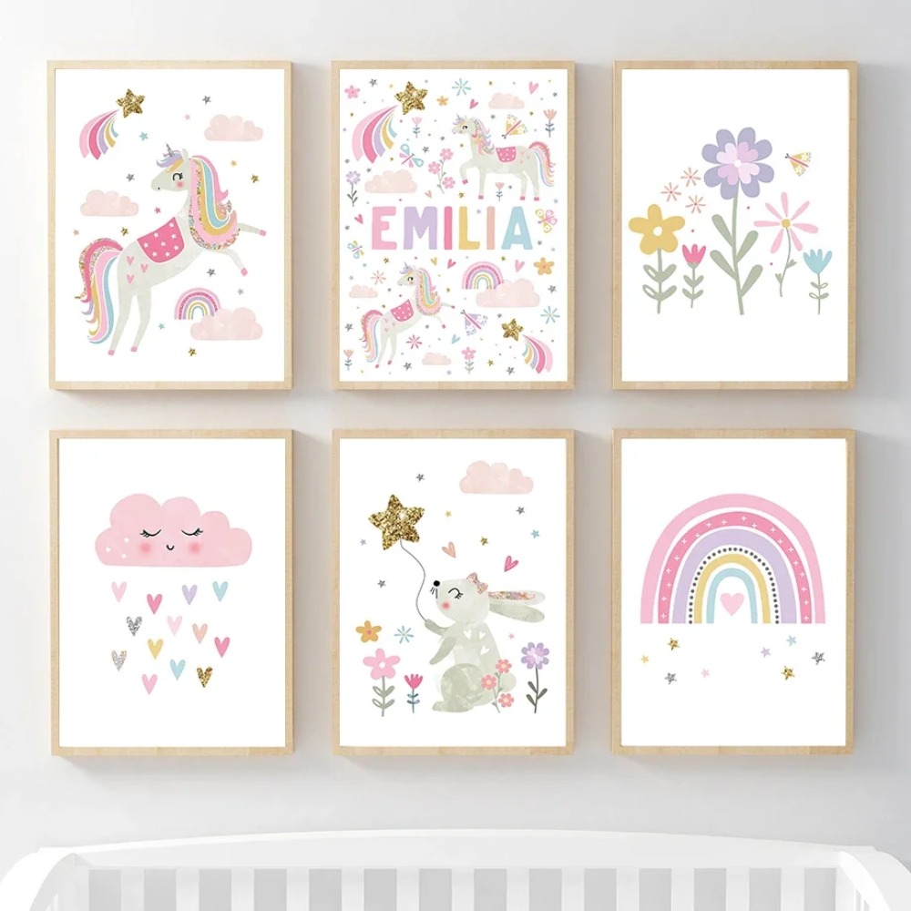Baby Name Wall Art - Pink Unicorn Rabbit Rainbow Cloud Flower