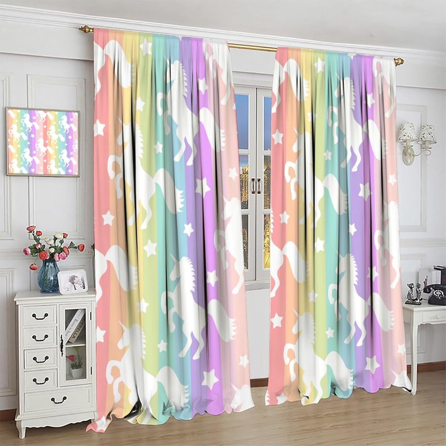 Blackout Curtain Nursery - Rainbow Unicorn Blackout Curtains Cartoon Style