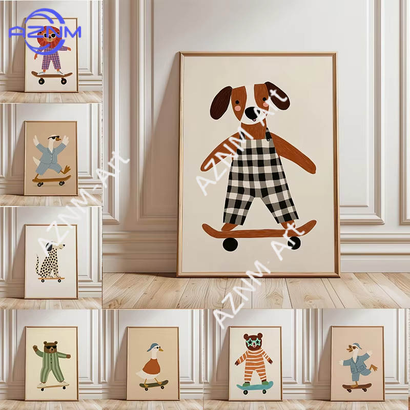 Baby Nursery Fabric - 1PC Funny Animal Skateboarding Poster Trendy