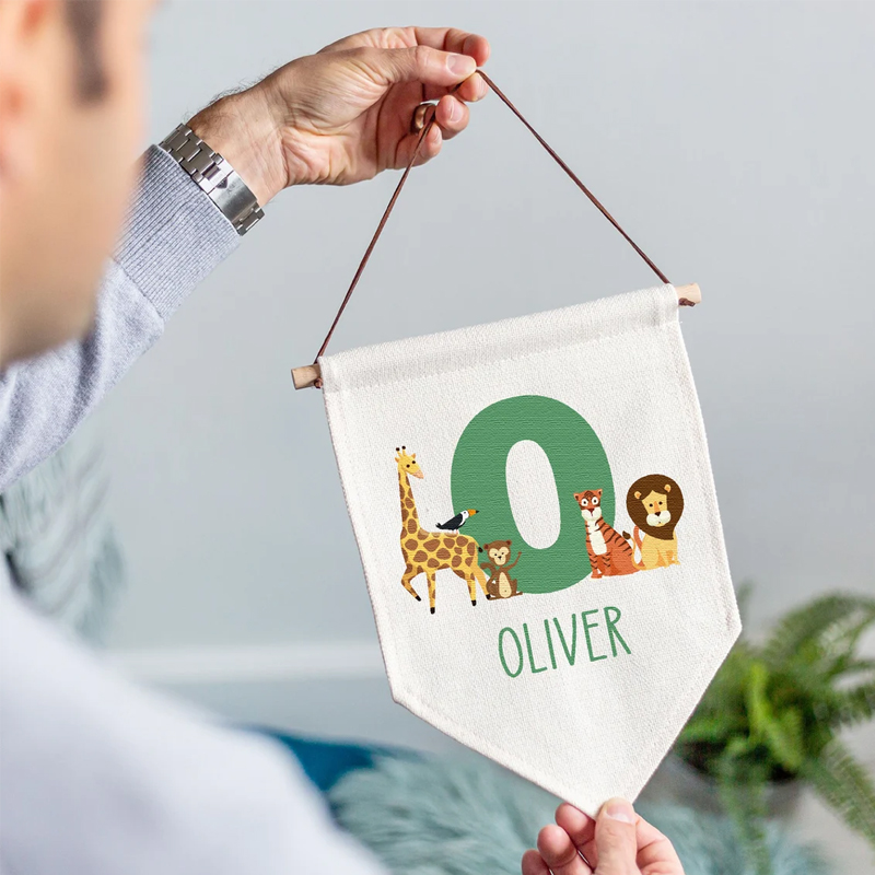 Baby Nursery Hanging Decor - Personalised Name Jungle Animal Pennant Flag