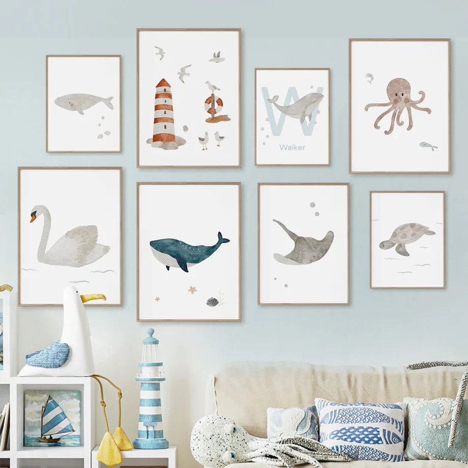 Baby Name Wall Art - Custom Name Whale Octopus Turtle Swan