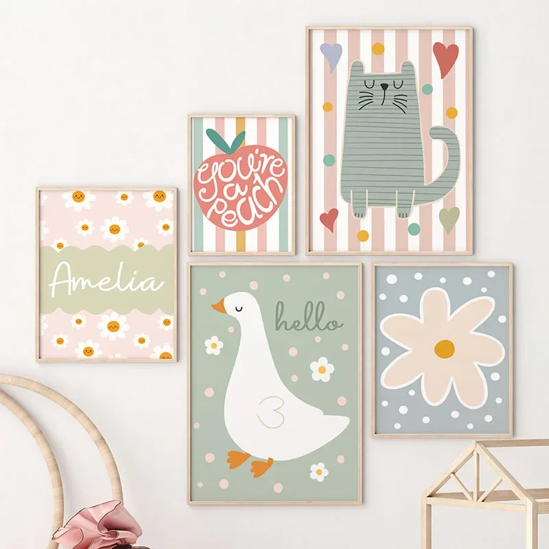 Cartoon Cat Duck Bird Apple Cu - огляд і ціна Baby Name Wall Art